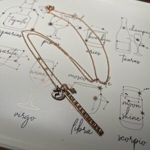 Vintage 14K Rose Gold Multi Charm Pendant Necklace With Bar, Heart, And Gemstone